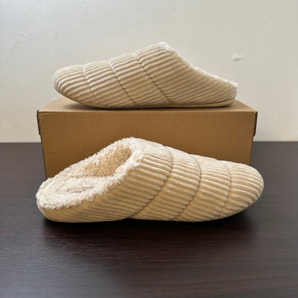 FitFlop Chrissie Fleece Lined Ivory Corduroy Slip-on Mule Slide Slippers, Size 8